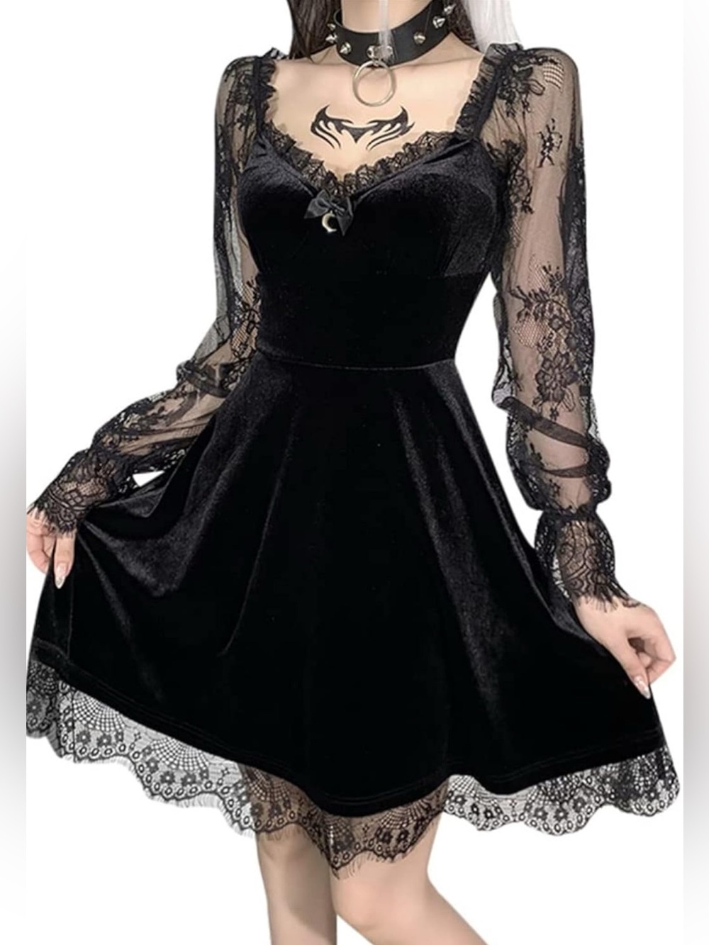 Gothic Dress for Women Black Velvet Lace Long Sheer Sleeve Vintage Victorian L